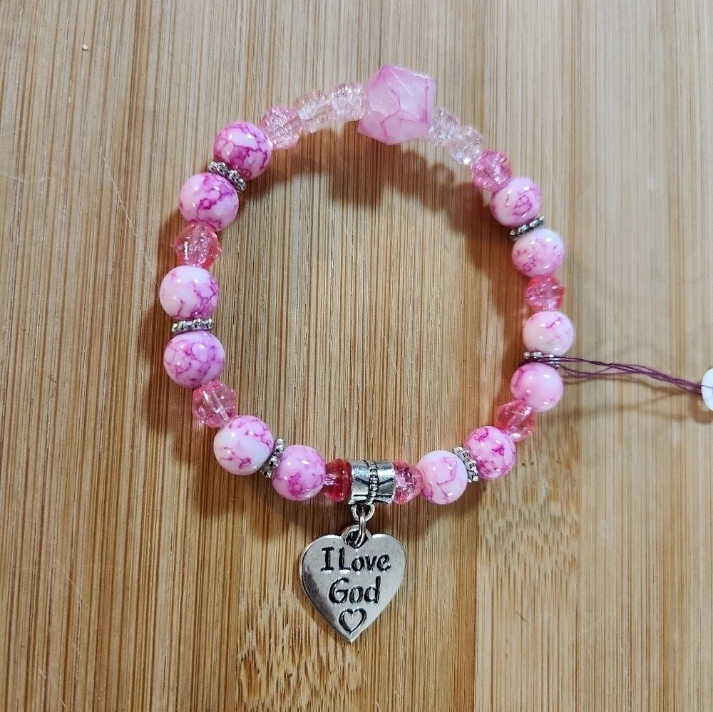 Hand Crafted Stretch Bracelet Pink Beads Silver I Love God Charm